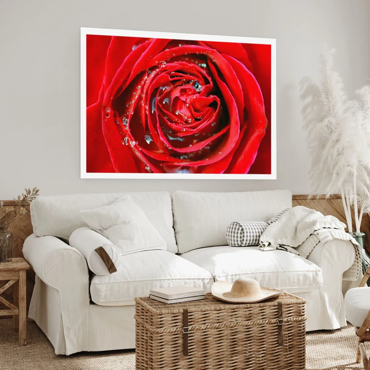 Affiche - Poster - Gros plan d'une rose rouge avec des gouttes d'eau sur les pétales - 100x70cm - Dans les gouttes de rosée - Décoration murale moderne pour le salon et la chambre ARTTOR