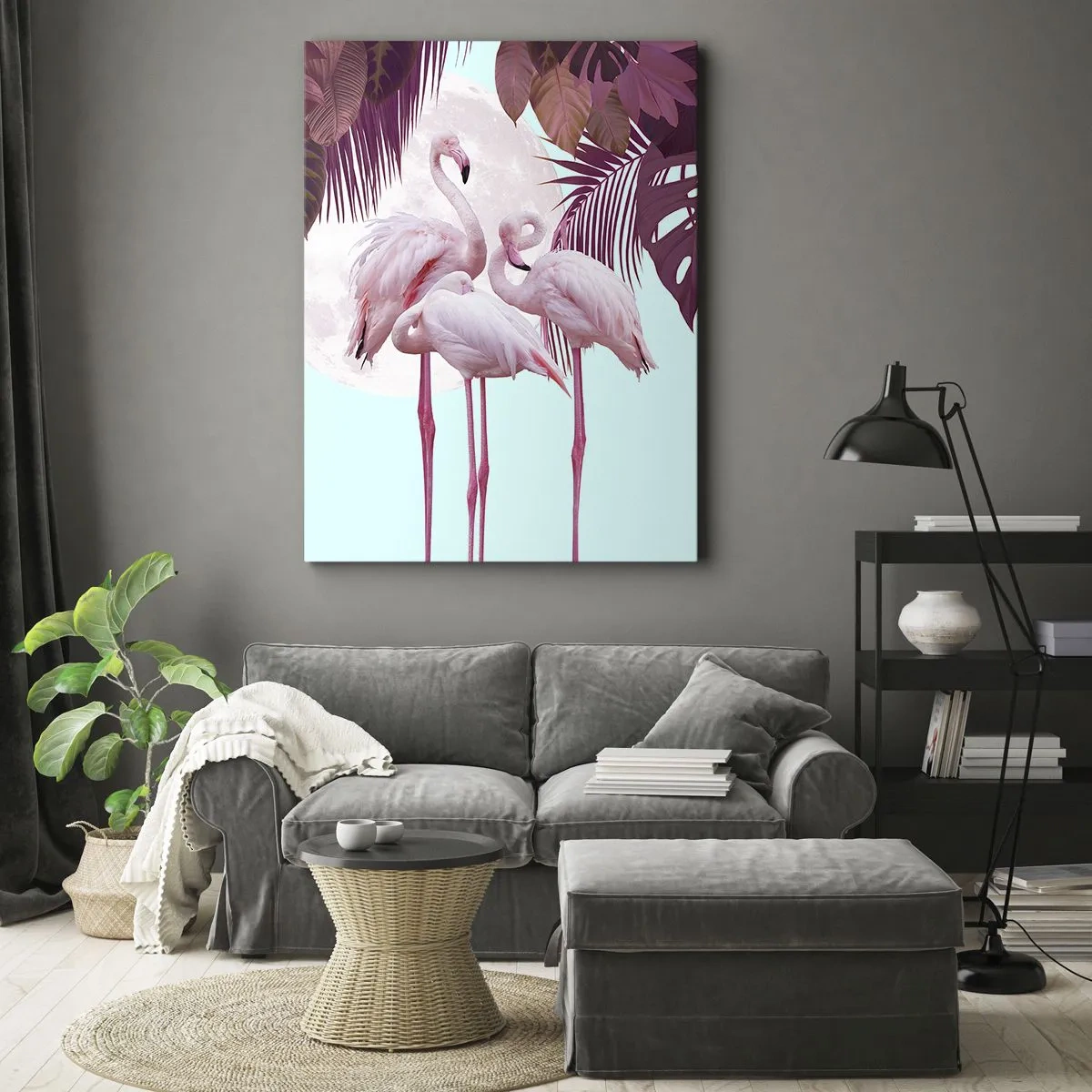 Impression sur toile - Image sur toile - Flamants roses sur fond de lune et de feuilles tropicales - 80x120cm - Trois oiseaux gracieux - Décoration murale moderne pour le salon et la chambre ARTTOR