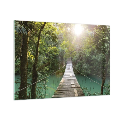 Impression sur verre - Image sur verre - Un pont suspendu dans une forêt tropicale illuminée par la lumière du soleil. - 100x70cm - De l'eau azur à la forêt azur - Décoration murale moderne pour le salon et la chambre ARTTOR