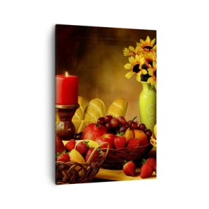 Impression sur toile - Image sur toile - Nature morte avec fruits, pain, bougie et fleurs - 50x70cm - Nature morte de pain et de fruits - Décoration murale moderne pour le salon et la chambre ARTTOR