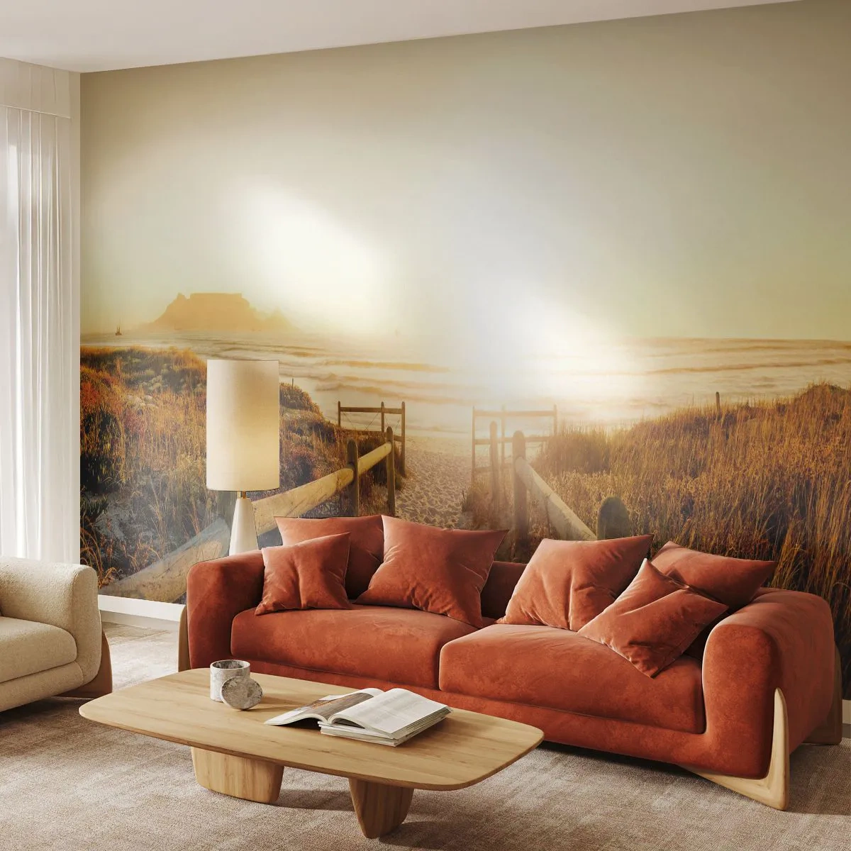 Papier Peint Photo Premium Sand - A travers la dune, vers le soleil - Paysage, Plage, Coucher de soleil - 250x175 cm