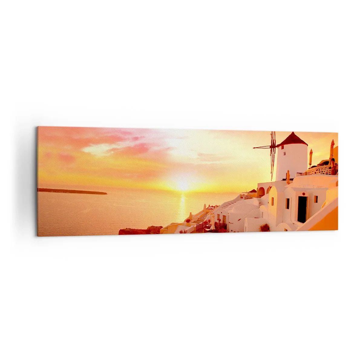 Impression sur toile - Image sur toile - Santorin au coucher du soleil avec un moulin à vent - 160x50cm - Fondre en blanc et or - Décoration murale moderne pour le salon et la chambre ARTTOR