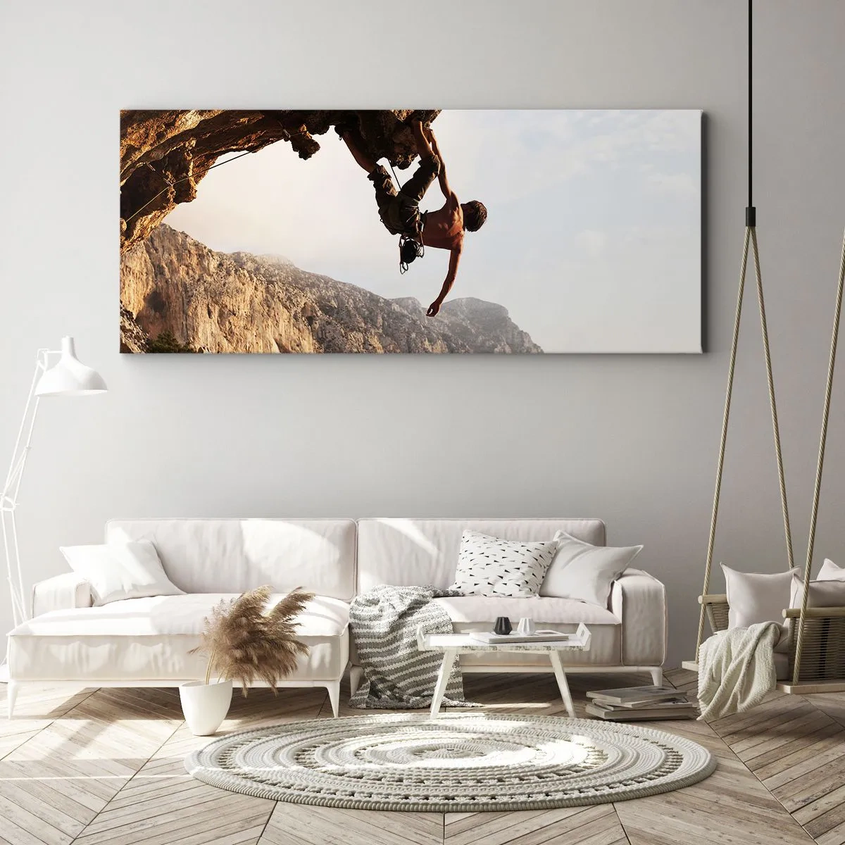 Impression sur toile - Image sur toile - Le monde rétréci dans une main sur une coupe de rocher - 90x30 cm