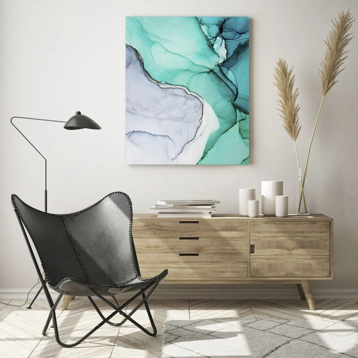 Impression sur verre - Image sur verre - Motif abstrait dans les tons turquoise et blanc - 70x100cm - Étude de turquoise - Décoration murale moderne pour le salon et la chambre ARTTOR