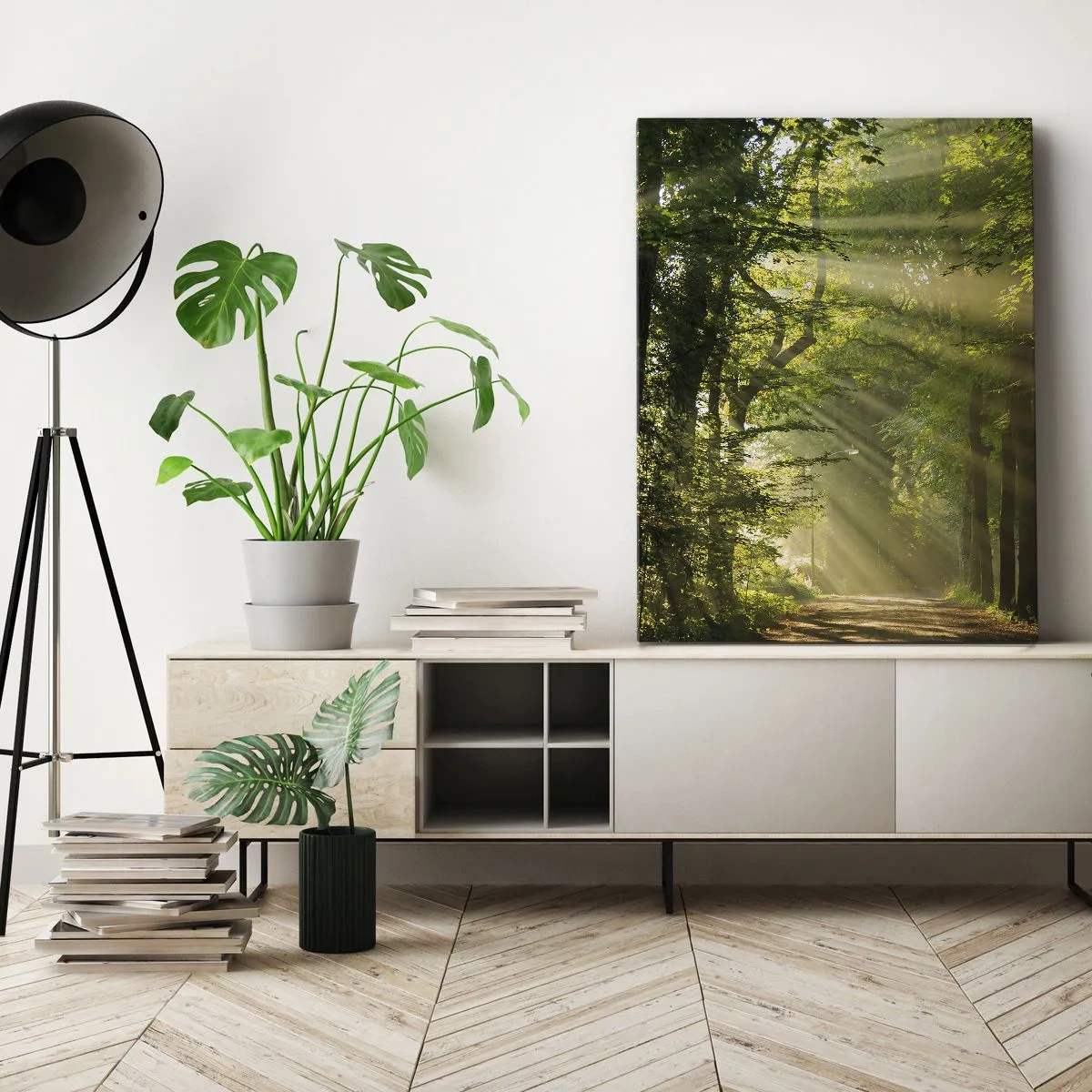 Impression sur toile - Image sur toile - Chemin forestier avec les rayons du soleil qui brillent à travers les arbres - 70x100cm - Moment de forêt - Décoration murale moderne pour le salon et la chambre ARTTOR