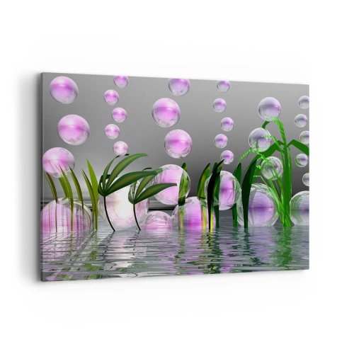 Impression sur toile - Image sur toile - Feuilles vertes et bulles roses au-dessus de l'eau sur fond gris - 100x70cm - Une composition réfléchissante de légèreté et de vie - Décoration murale moderne pour le salon et la chambre ARTTOR