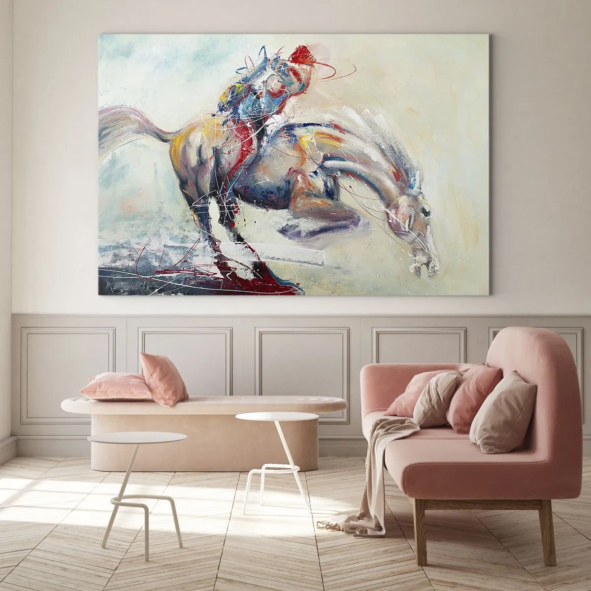 Impression sur verre - Image sur verre - Une image abstraite d'un cheval en mouvement dynamique. - 120x80cm - Accrochez-vous, nous décollons - Décoration murale moderne pour le salon et la chambre ARTTOR