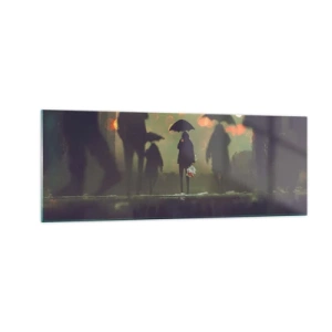Impression sur verre - Image sur verre - Une silhouette avec un parapluie un soir pluvieux parmi les lumières de la ville - 140x50cm - Du point de vue d'une goutte de pluie - Décoration murale moderne pour le salon et la chambre ARTTOR