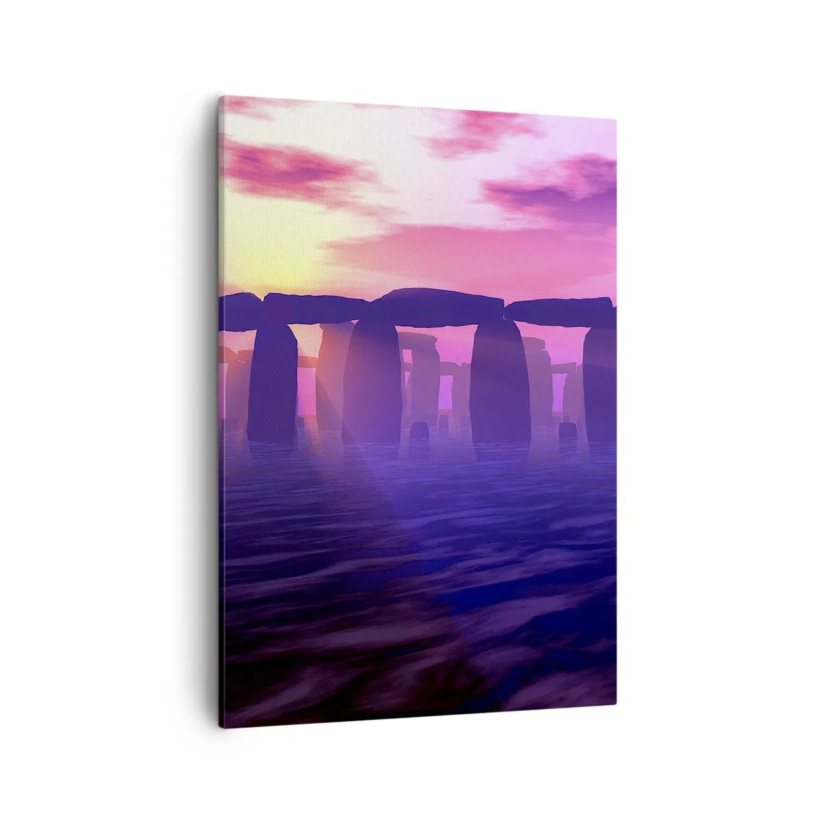 Impression sur toile - Image sur toile - Cercle de pierres au coucher du soleil avec un ciel violet - 50x70cm - Mystère à l'aube dans le brouillard - Décoration murale moderne pour le salon et la chambre ARTTOR