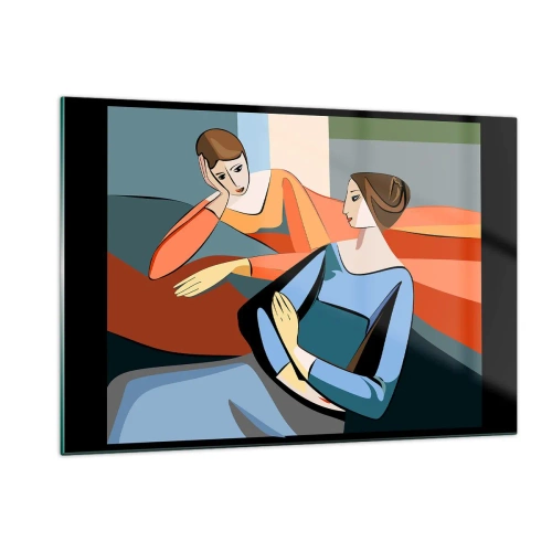 Impression sur verre - Image sur verre - Une scène géométrique d'une conversation entre deux femmes sur fond d'intérieur. - 120x80cm - Un moment de confiance - Décoration murale moderne pour le salon et la chambre ARTTOR