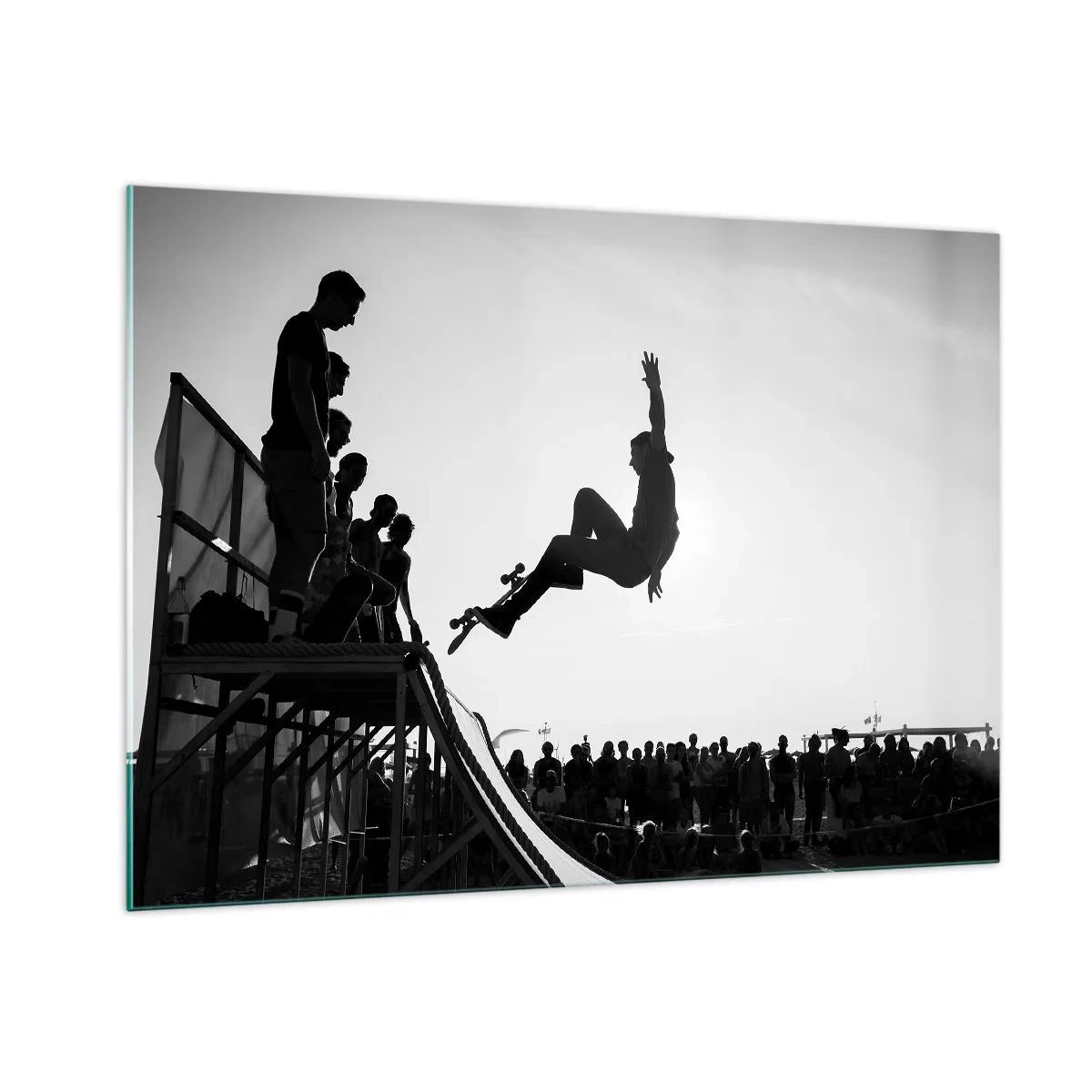 Impression sur verre - Image sur verre - Patineur noir et blanc dans les airs - 100x70cm - Héros et spectateurs - Décoration murale moderne pour le salon et la chambre ARTTOR
