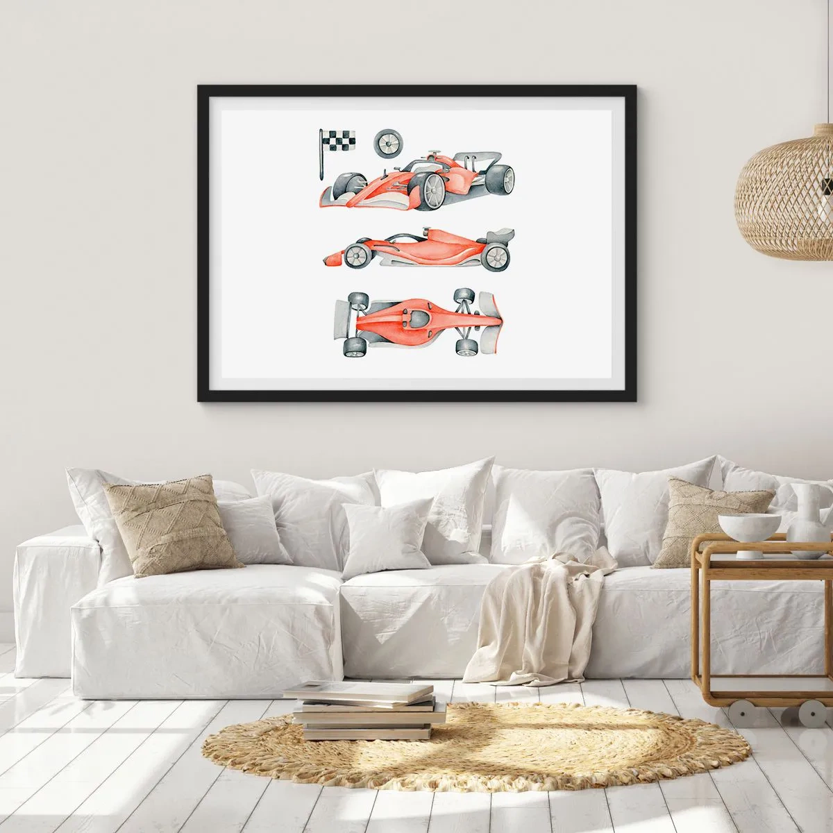 Affiche dans un cadre noir - Poster - Une voiture de course rouge avec un drapeau à damier - 70x50cm - poursuis ton rêve - Décoration murale moderne pour le salon et la chambre ARTTOR
