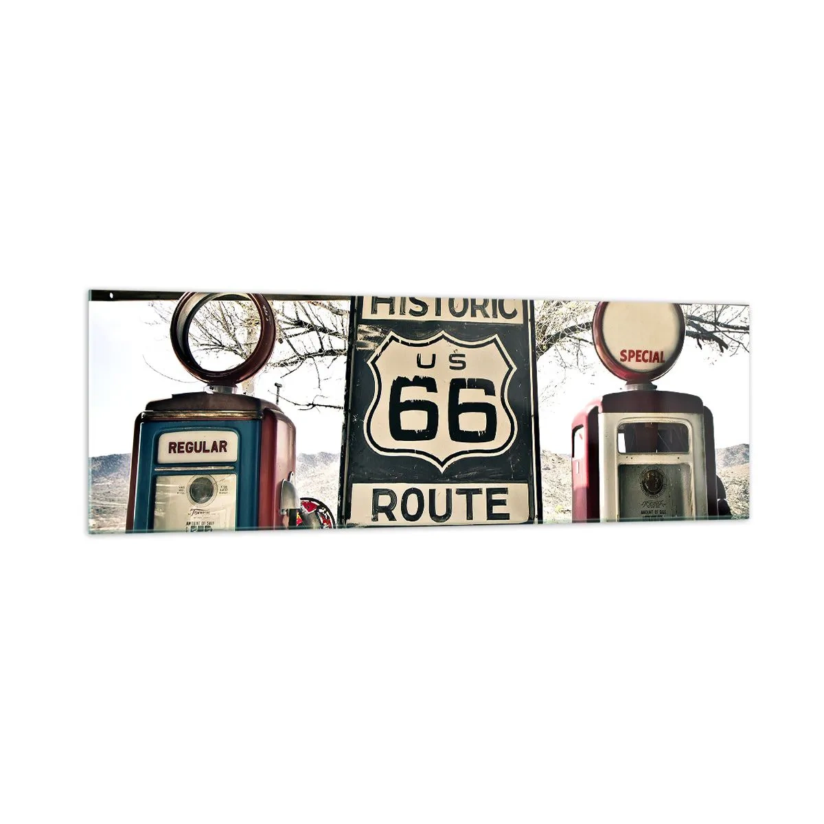 Impression sur verre - Image sur verre - Station-service historique de la Route 66 - 160x50cm - Voyage rétro américain - Décoration murale moderne pour le salon et la chambre ARTTOR