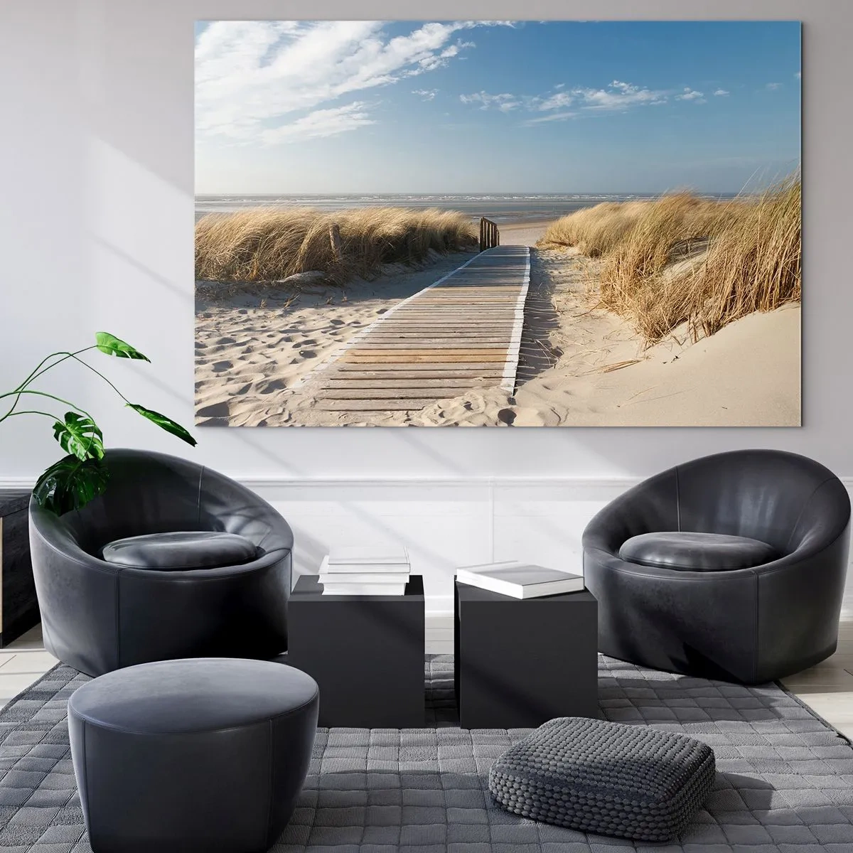 Impression sur verre - Image sur verre - Chemin en bois à travers les dunes menant à la plage - 100x70cm - Derrière la dune, dans le bruissement de l'herbe - Décoration murale moderne pour le salon et la chambre ARTTOR