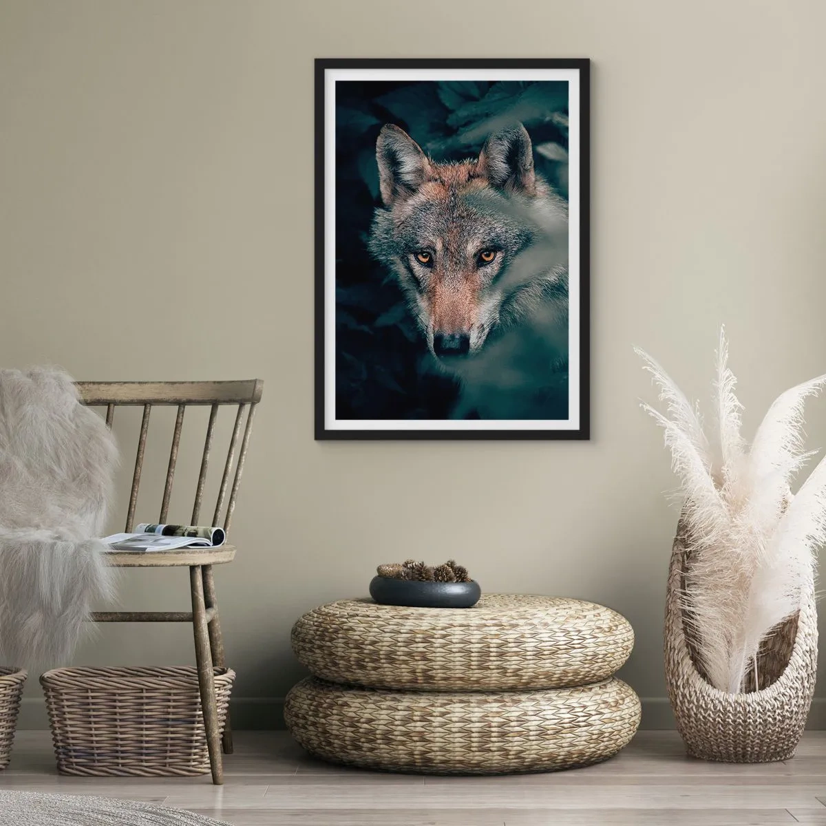 Affiche dans un cadre noir - Poster - Portrait d'un loup dans un décor forestier mystérieux - 50x70cm - Chasseur - Décoration murale moderne pour le salon et la chambre ARTTOR