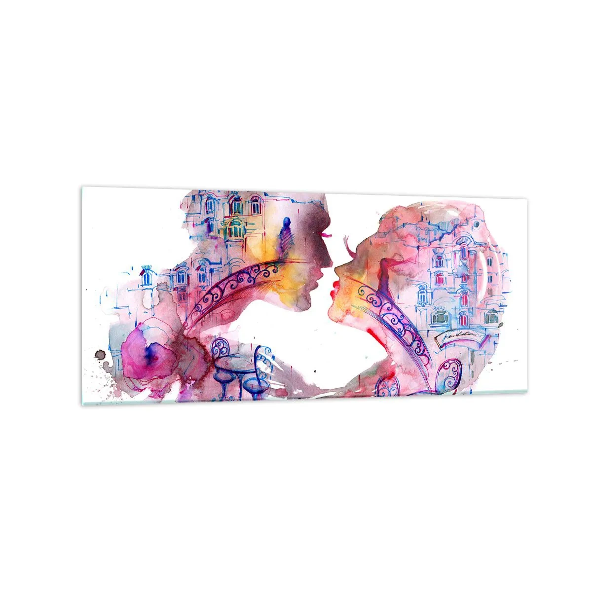 Impression sur verre - Image sur verre - Une aquarelle romantique représentant les silhouettes des amoureux - 120x50cm - Le pont secret des soupirs - Décoration murale moderne pour le salon et la chambre ARTTOR