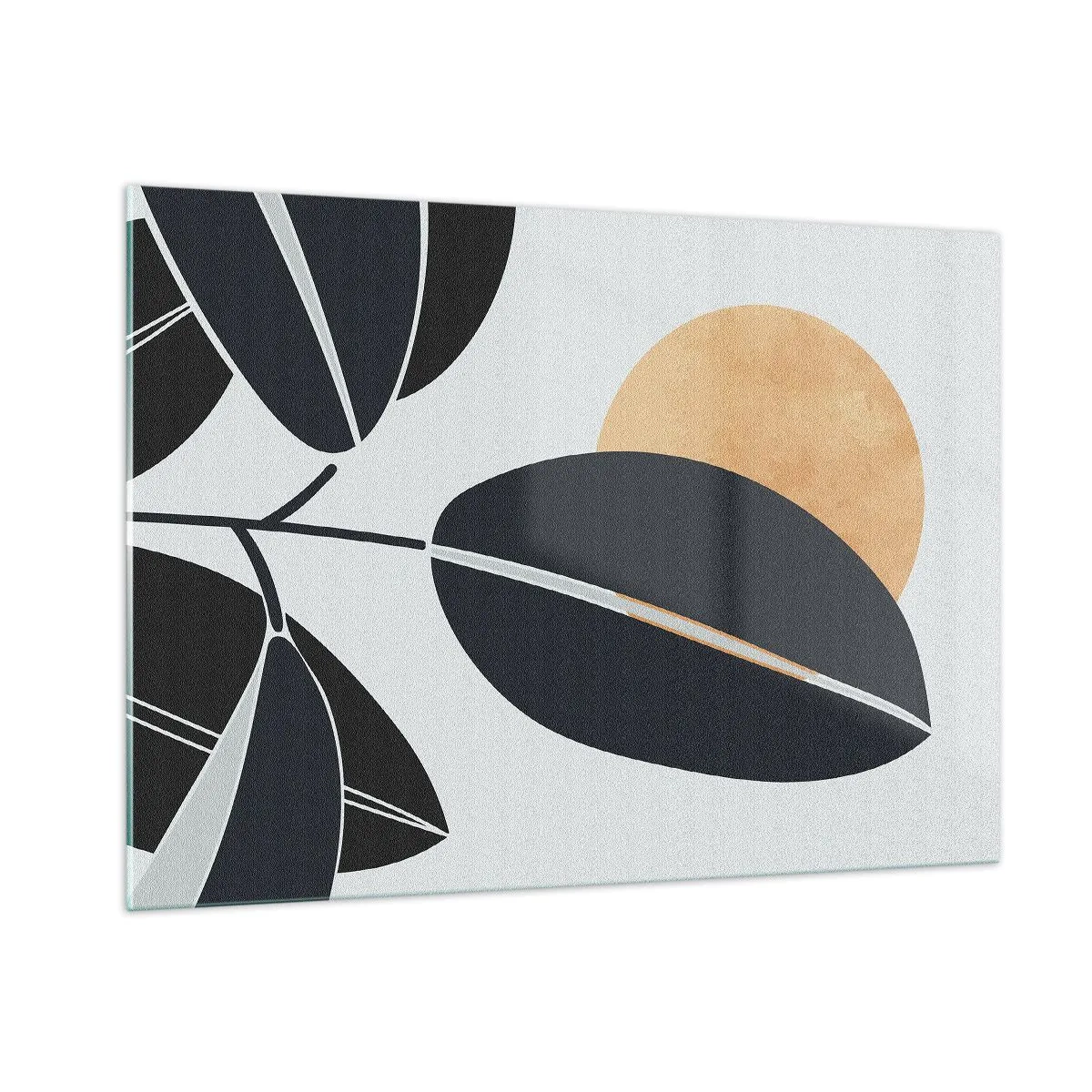 Impression sur verre - Image sur verre - Feuilles stylisées en noir avec un soleil orange en arrière-plan - 100x70cm - Une chaude journée d'été - Décoration murale moderne pour le salon et la chambre ARTTOR
