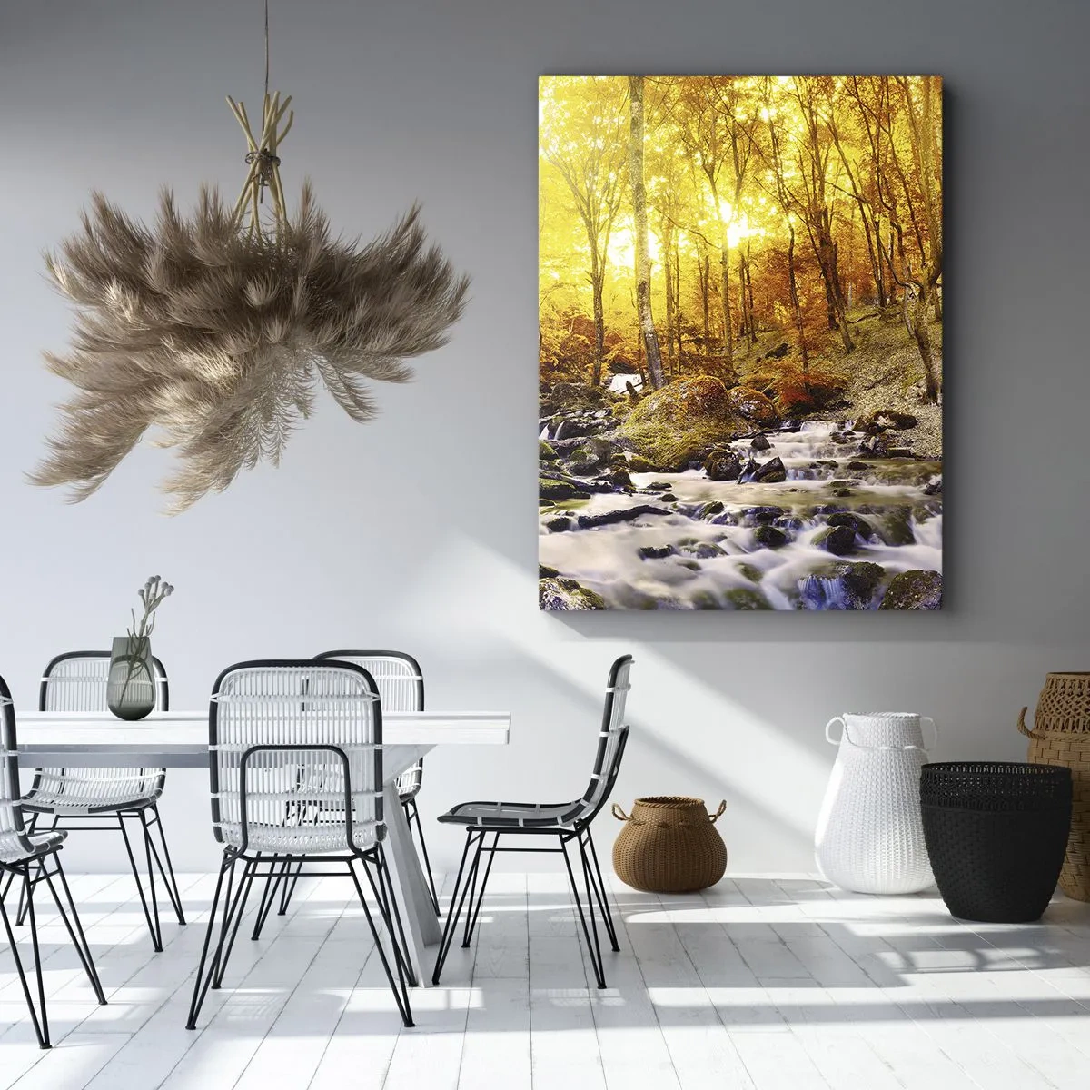 Impression sur toile - Image sur toile - Forêt d'automne avec un ruisseau parmi les feuilles dorées - 70x100cm - Pierres serties d'or et de platine - Décoration murale moderne pour le salon et la chambre ARTTOR