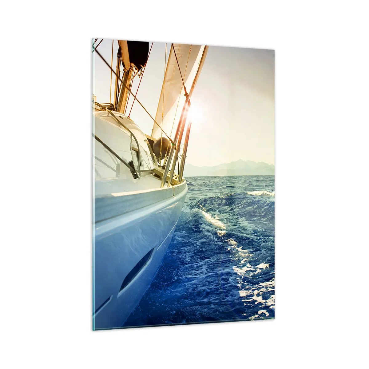 Impression sur verre - Image sur verre - Un voilier sur une mer calme à la lumière du soleil couchant - 50x70cm - Suite à l'aventure - Décoration murale moderne pour le salon et la chambre ARTTOR