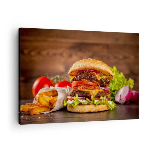 Impression sur toile - Image sur toile - Burger appétissant avec extras - 70x50cm - Le fruit défendu - Décoration murale moderne pour le salon et la chambre ARTTOR