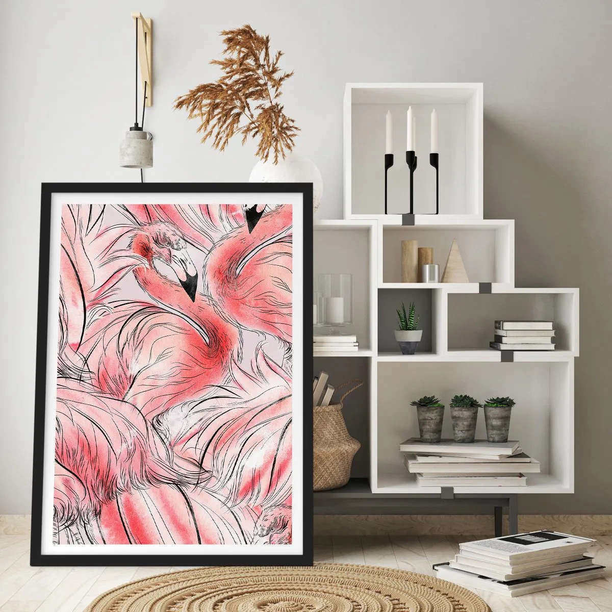 Affiche dans un cadre noir - Poster - Un motif flamant rose subtil dans des tons de rose - 50x70cm - Oiseau corps de ballet - Décoration murale moderne pour le salon et la chambre ARTTOR