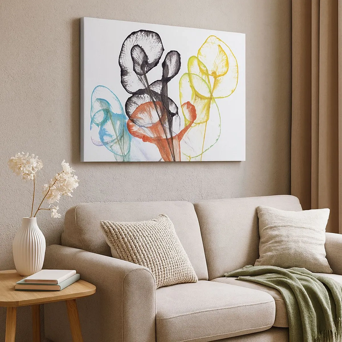 Impression sur toile - Image sur toile - Fleurs transparentes colorées sur fond blanc - 70x50cm - Fleurs avec une âme - Décoration murale moderne pour le salon et la chambre ARTTOR