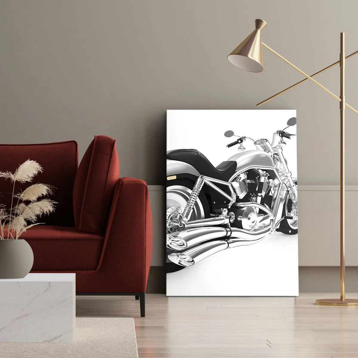 Impression sur toile - Image sur toile - Moto chromée sur fond blanc - 80x120cm - Rêve de collectionneur - Décoration murale moderne pour le salon et la chambre ARTTOR