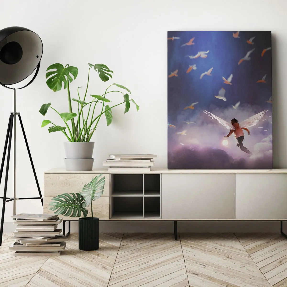 Impression sur toile - Image sur toile - Une figure avec des ailes d'ange flottant parmi les oiseaux dans le ciel - 50x70cm - Il faut de l'imagination et du courage - Décoration murale moderne pour le salon et la chambre ARTTOR