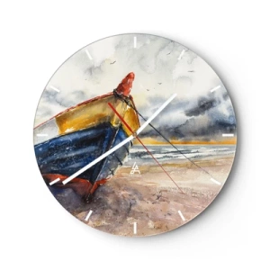 Horloge murale - Pendule murale - Un bateau coloré sur une plage de sable dans un style pictural - 30x30cm - Repos sur le rivage - Décoration murale moderne pour le salon, la cuisine et la chambre ARTTOR