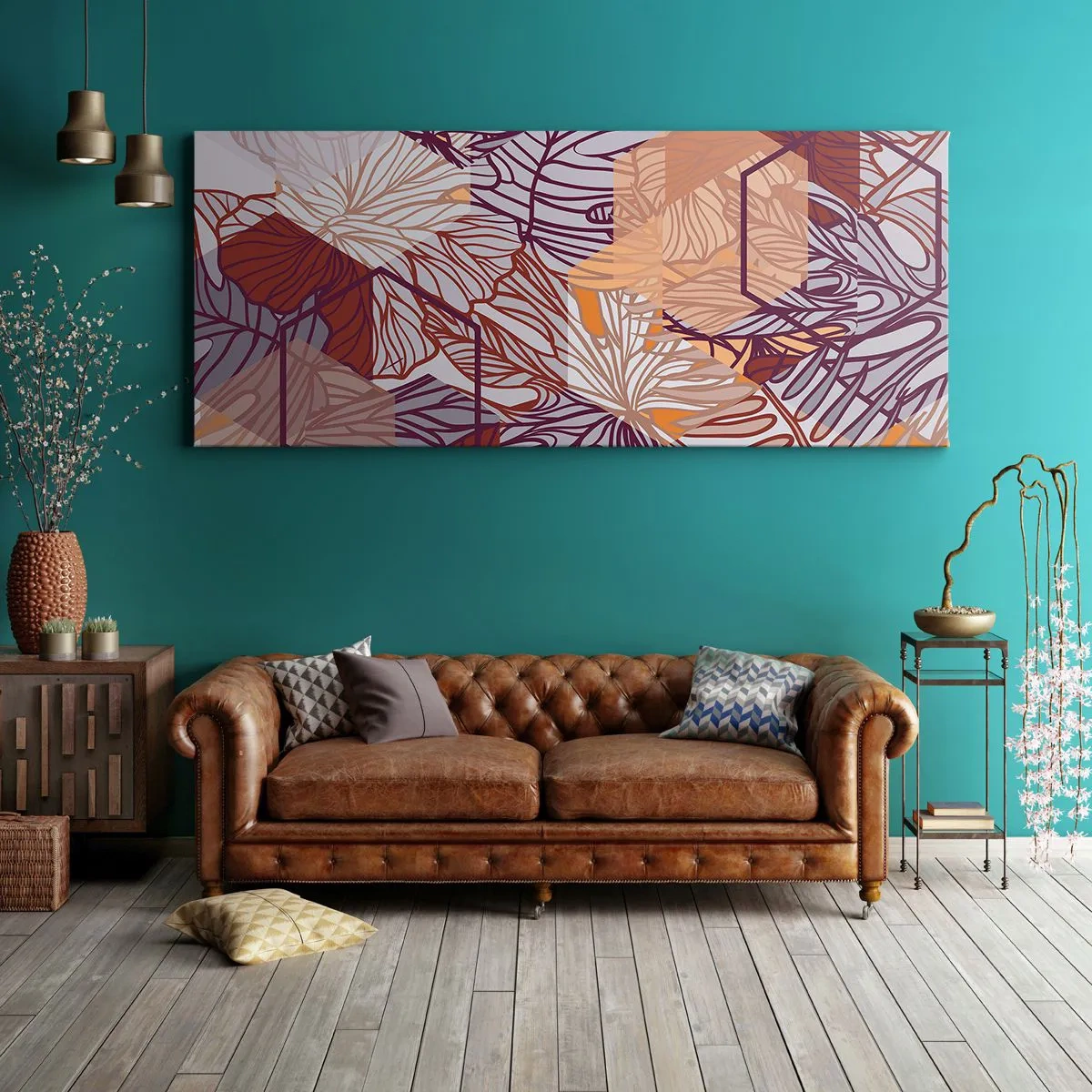 Impression sur toile - Image sur toile - Un motif décoratif de feuilles tropicales dans des tons de violet, d'orange et de beige. - 160x50cm - Relation impossible entre la géométrie et la nature - Décoration murale moderne pour le salon et la chambre ARTT