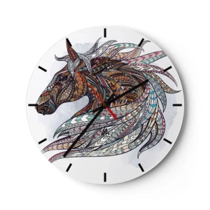 Horloge murale - Pendule murale - Cheval coloré de style géométrique sur fond blanc - 30x30cm - Destrier guerrier celtique - Décoration murale moderne pour le salon, la cuisine et la chambre ARTTOR