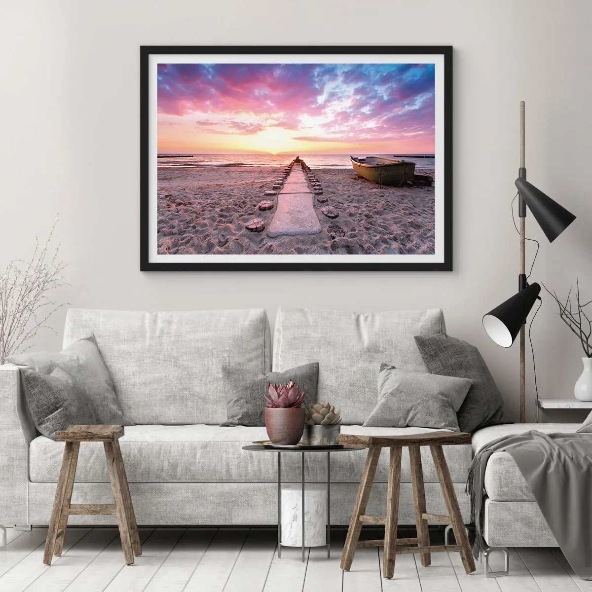 Affiche dans un cadre noir - Poster - Plage au lever du soleil avec bateau et jetée - 100x70cm - Moment d'expérience profonde - Décoration murale moderne pour le salon et la chambre ARTTOR