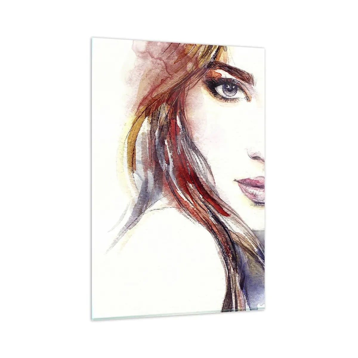 Impression sur verre - Image sur verre - Une aquarelle subtile du visage d'une femme au regard expressif. - 80x120cm - Vademecum - suivez-moi - Décoration murale moderne pour le salon et la chambre ARTTOR