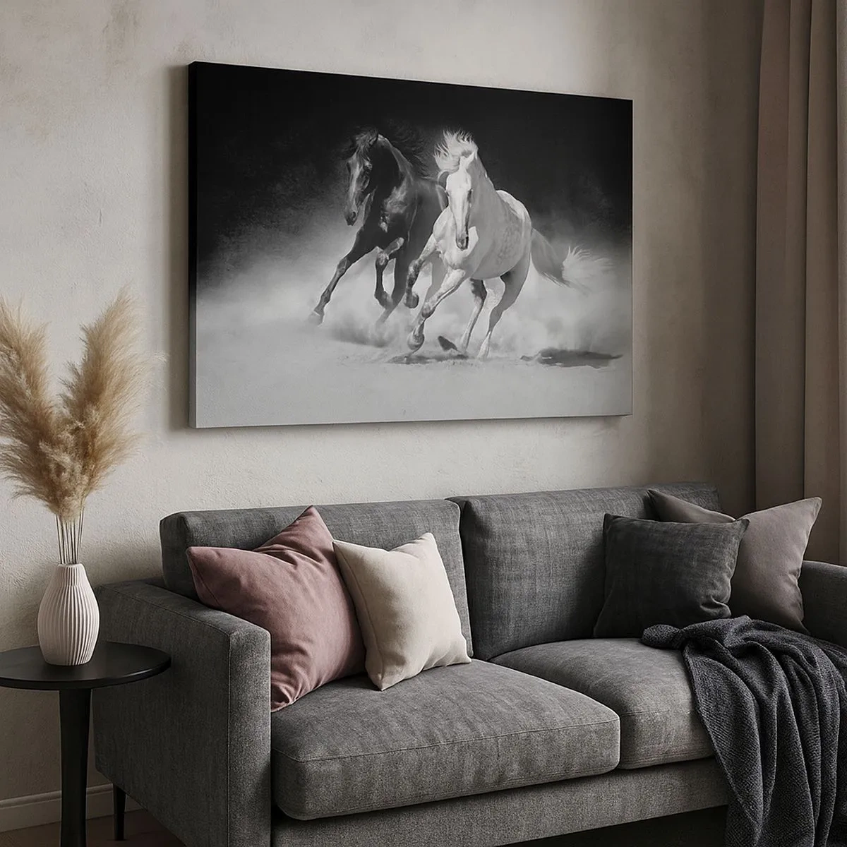 Impression sur toile - Image sur toile - Chevaux au galop en noir et blanc - 70x50cm - Galop de la liberté - Décoration murale moderne pour le salon et la chambre ARTTOR