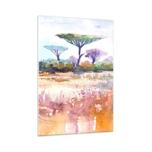 Impression sur verre - Image sur verre - Paysage de savane à l'aquarelle avec arbres et végétation - 50x70cm - Couleurs de savane - Décoration murale moderne pour le salon et la chambre ARTTOR