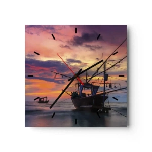 Horloge murale - Pendule murale - Un bateau de pêche sur fond de coucher de soleil coloré - 30x30cm - Soirée exotique - Décoration murale moderne pour le salon et la chambre ARTTOR