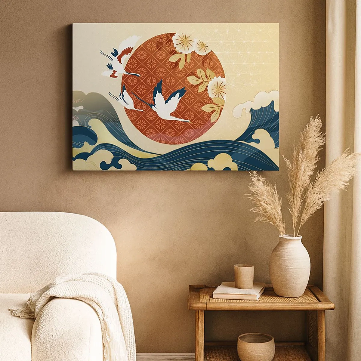 Impression sur toile - Image sur toile - Composition japonaise avec des grues et des vagues - 70x50cm - Conte japonnais - Décoration murale moderne pour le salon et la chambre ARTTOR