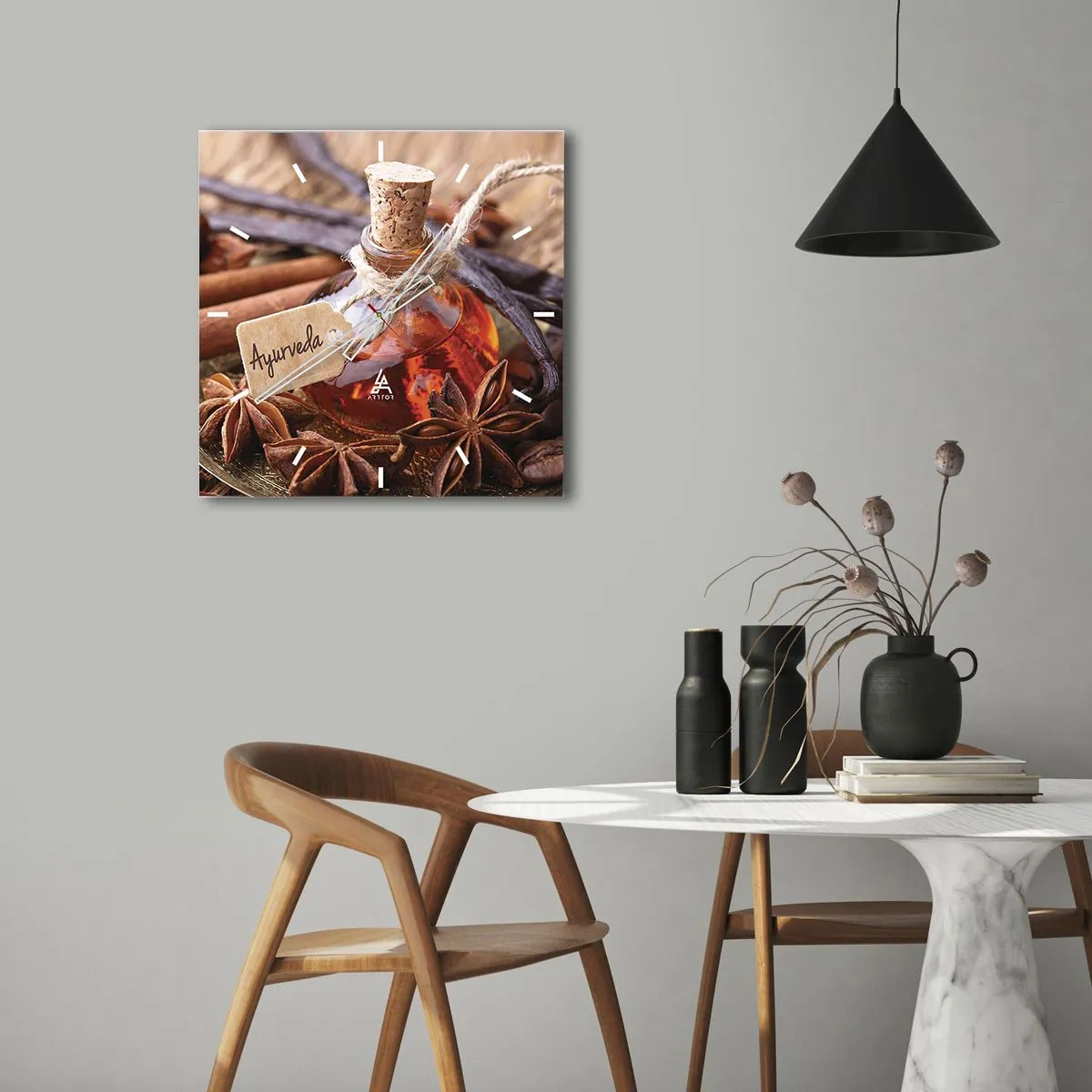 Horloge murale - Pendule murale - Une bouteille d'huile d'épices sur un plateau - 30x30cm - Vers l'unité du corps et de l'esprit - Décoration murale moderne pour le salon et la chambre ARTTOR