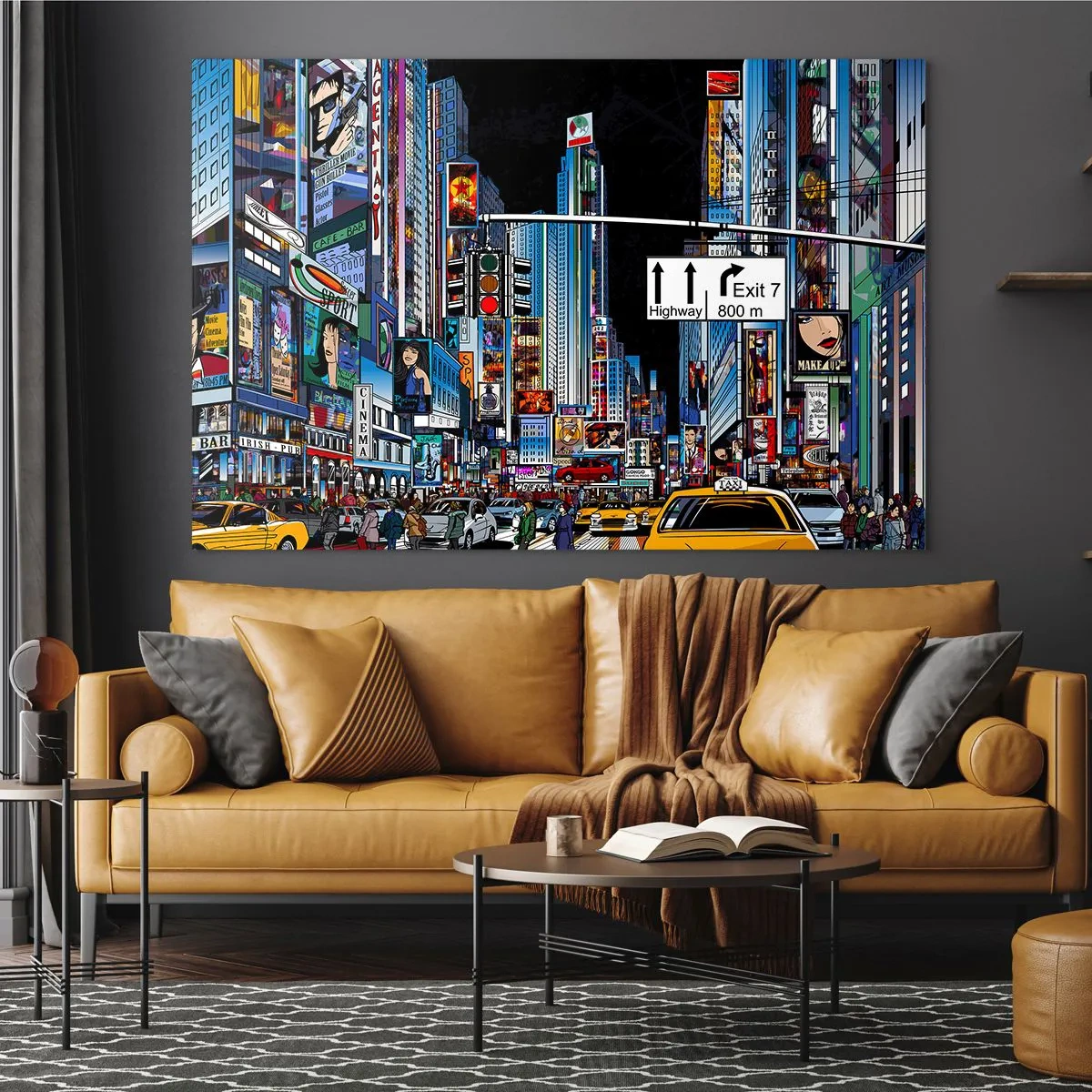 Impression sur verre - Image sur verre - Une rue animée avec des taxis jaunes et des enseignes au néon - 120x80cm - Grande nuit de bande dessinée - Décoration murale moderne pour le salon et la chambre ARTTOR