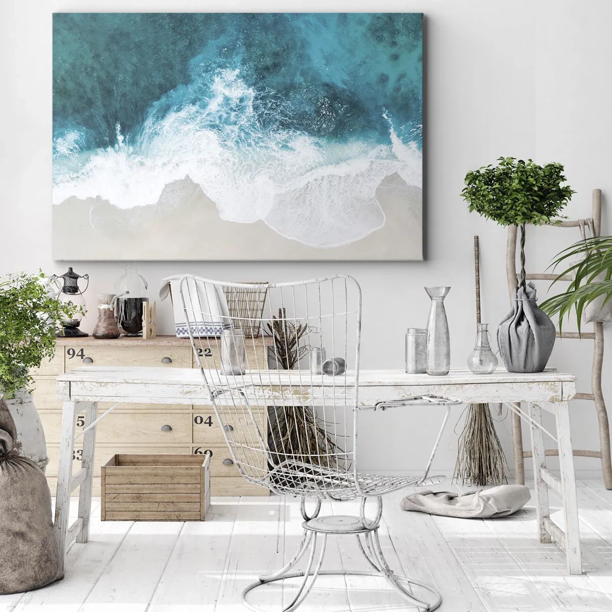 Impression sur toile - Image sur toile - Vagues turquoise de l'océan sur du sable clair - 120x80cm - Caresse naturelle - Décoration murale moderne pour le salon et la chambre ARTTOR
