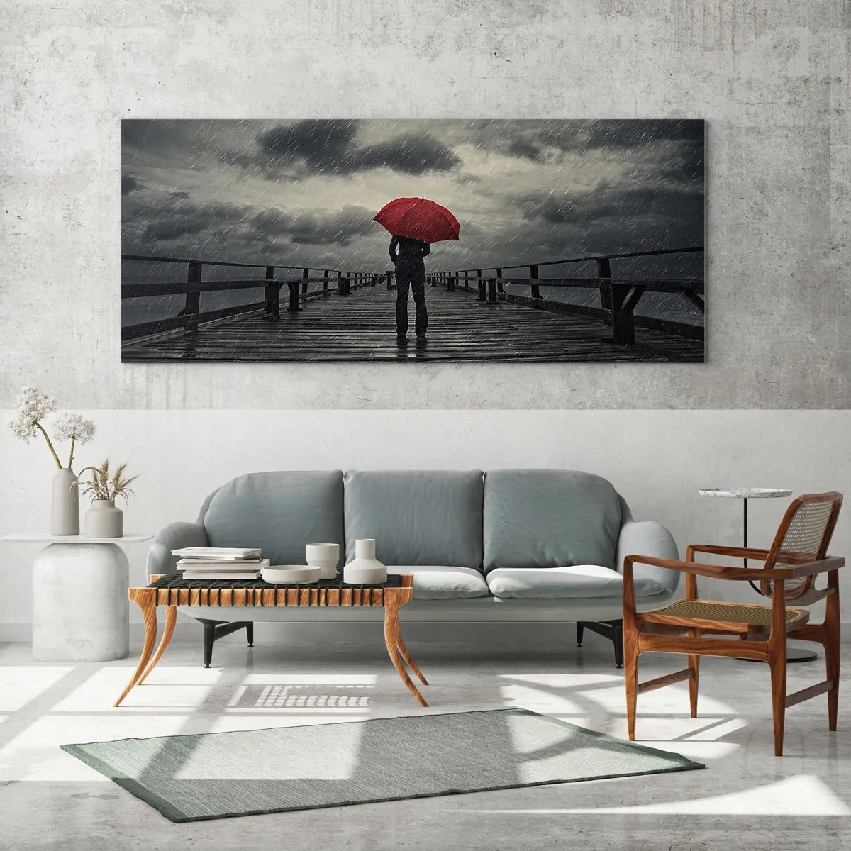 Impression sur verre - Image sur verre - Une personne avec un parapluie rouge sur une jetée pluvieuse - 140x50cm - Peu importe qu'il pleuve - Décoration murale moderne pour le salon et la chambre ARTTOR