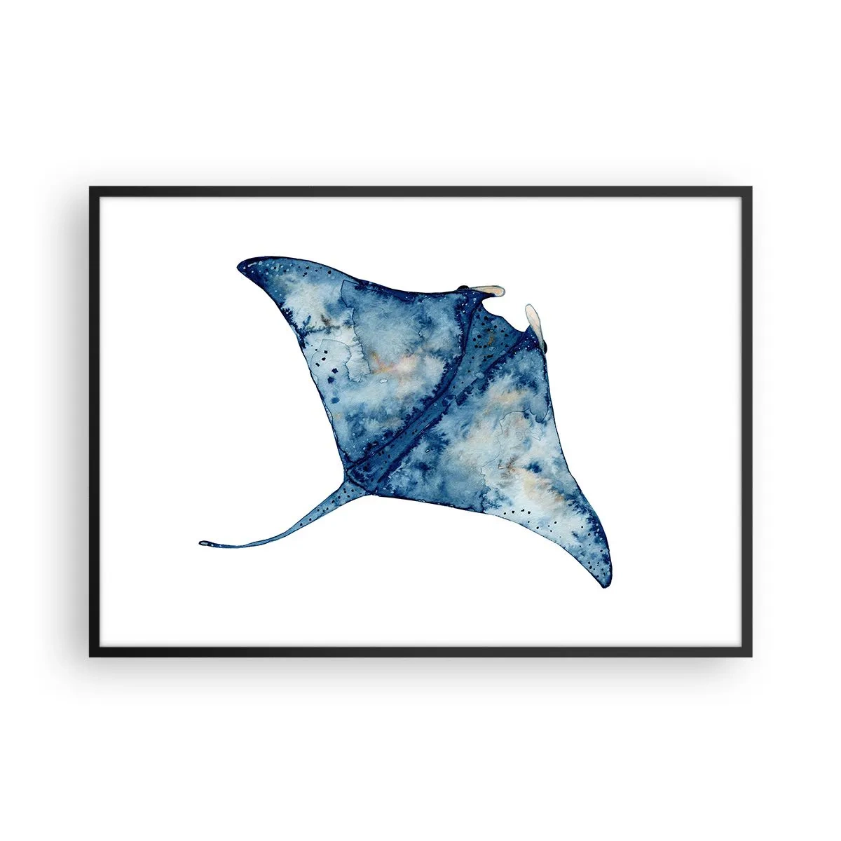 Affiche dans un cadre noir - Poster - Raie bleue à l'aquarelle sur fond blanc - 100x70cm - La vie en bleu - Décoration murale moderne pour le salon et la chambre ARTTOR