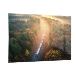 Impression sur verre - Image sur verre - Un train dans un paysage d'automne pittoresque, plein de chaleur et de nostalgie - 120x80cm - Voyage printannier - Décoration murale moderne pour le salon et la chambre ARTTOR