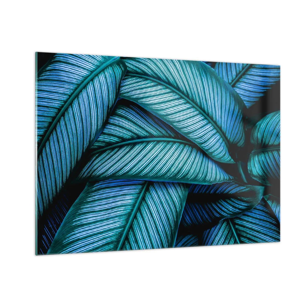 Impression sur verre - Image sur verre - Gros plan de feuilles turquoise à la texture intense. - 100x70cm - Lignes de vie - Décoration murale moderne pour le salon et la chambre ARTTOR