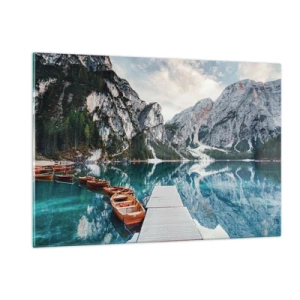 Impression sur verre - Image sur verre - Un pont en bois sur un lac turquoise dans les montagnes - 120x80cm - On va te montrer la beauté - Décoration murale moderne pour le salon et la chambre ARTTOR