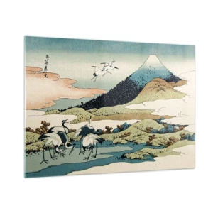 Impression sur verre - Image sur verre - Une peinture d'oiseaux dans un paysage japonais surplombant le mont Fuji. - 100x70cm - Avec une âme japonnaise - Décoration murale moderne pour le salon et la chambre ARTTOR