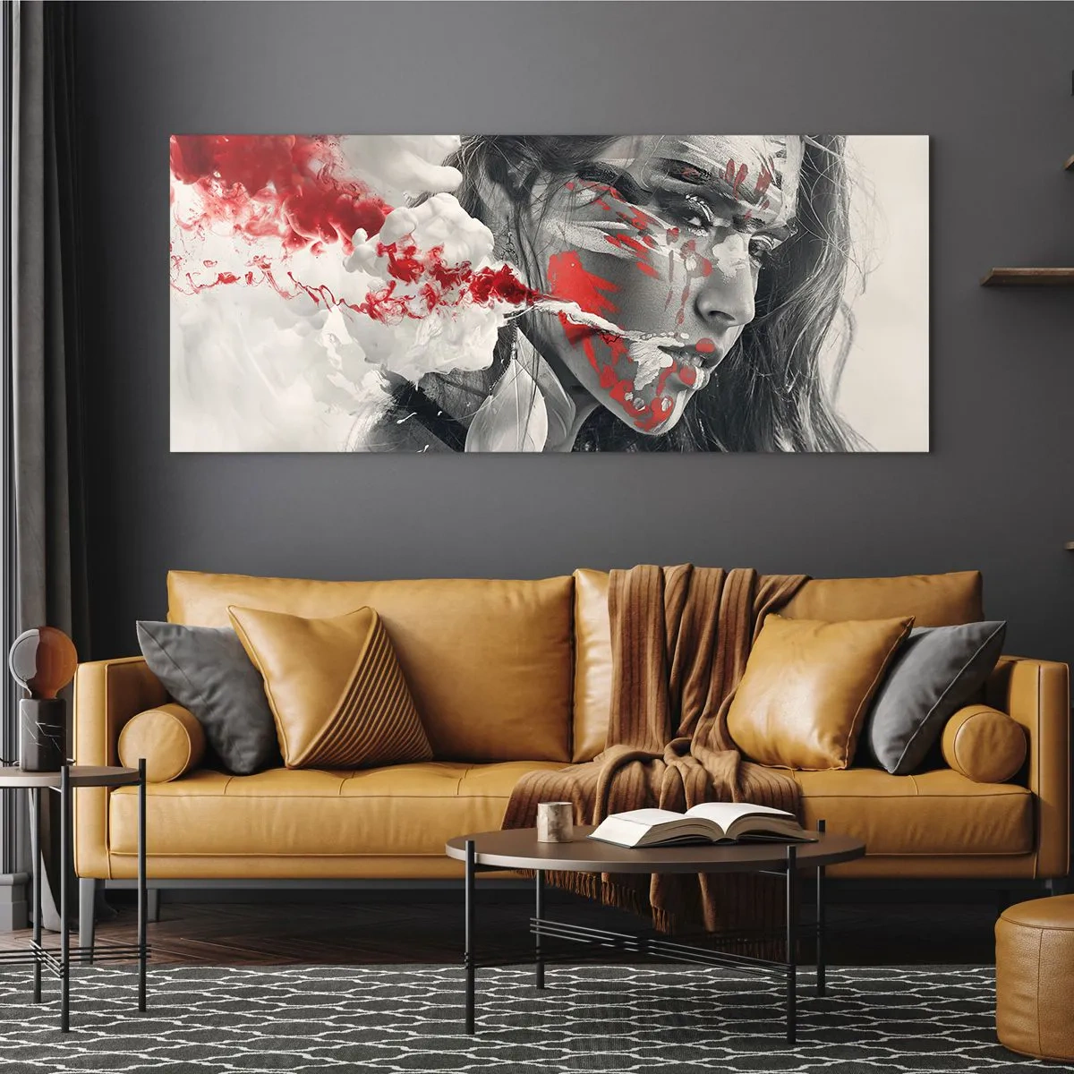 Impression sur verre - Image sur verre - Portrait artistique d'une femme aux accents rouges abstraits - 120x50cm - Dans les fumées de l'absurde - Décoration murale moderne pour le salon et la chambre ARTTOR