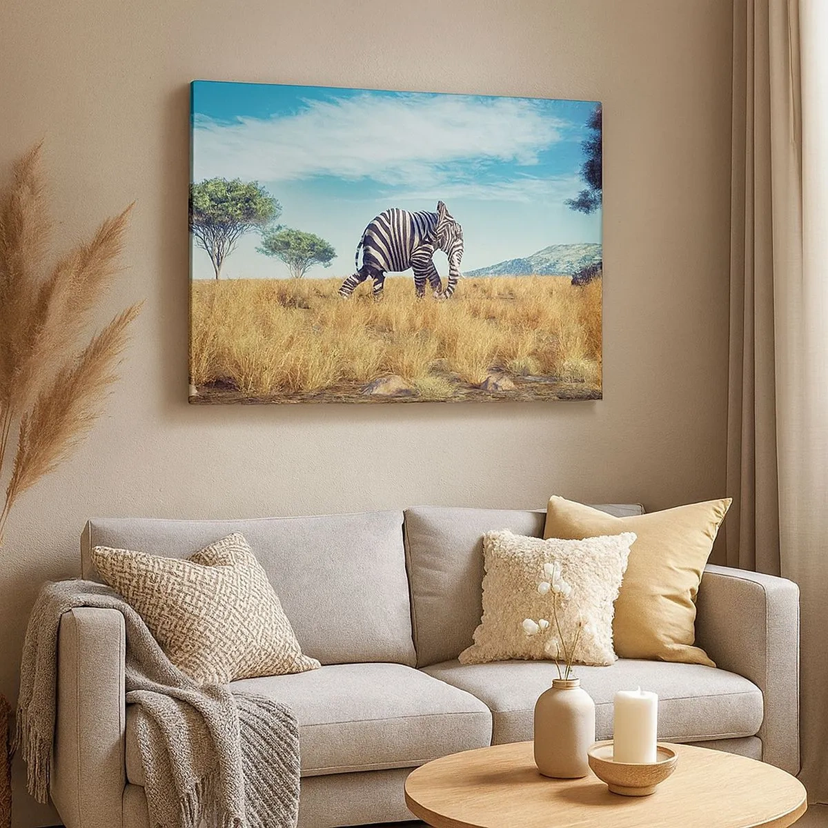 Impression sur toile - Image sur toile - Zèbre dans un paysage africain - 70x50cm - Le gris n'est déjà plus à la mode - Décoration murale moderne pour le salon et la chambre ARTTOR