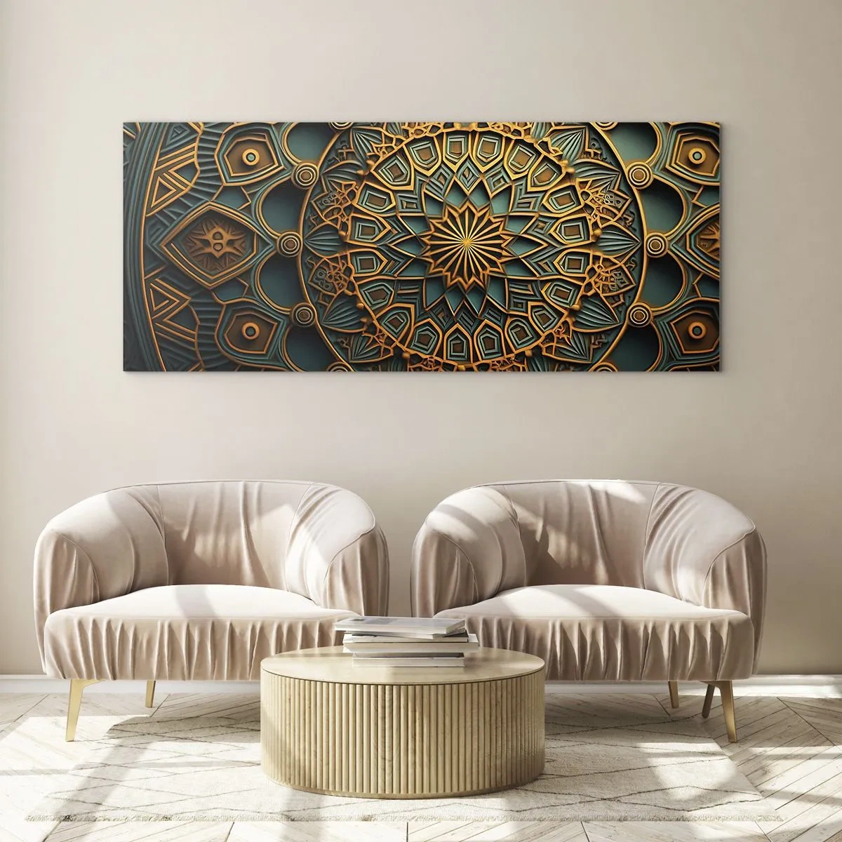 Impression sur verre - Image sur verre - Un mandala doré sur fond turquoise avec des détails riches. - 160x50cm - Dans une ambiance arabe - Décoration murale moderne pour le salon et la chambre ARTTOR
