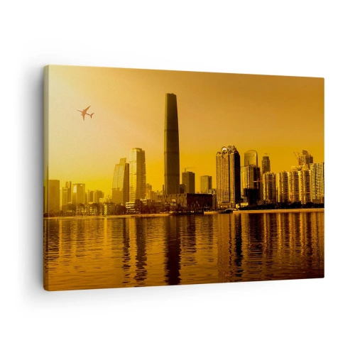 Impression sur toile - Image sur toile - Panorama de la ville au coucher du soleil avec des gratte-ciels et un avion - 70x50cm - La ville en or - Décoration murale moderne pour le salon et la chambre ARTTOR
